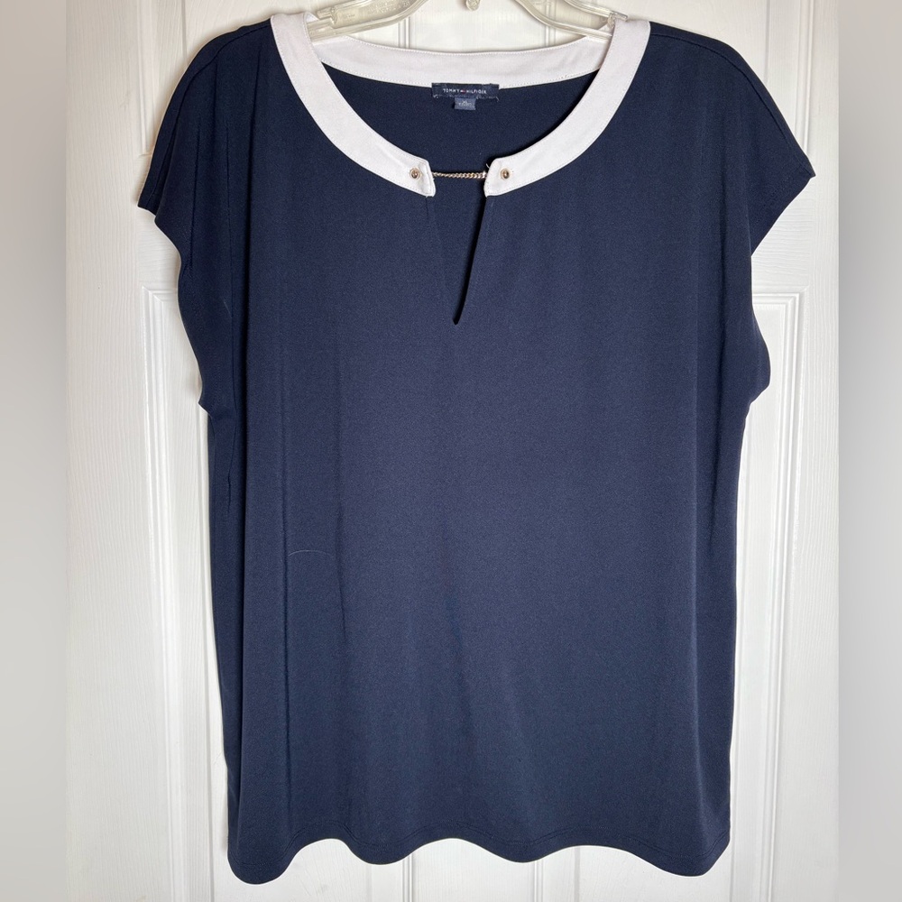 Tommy Hilfiger Navy and White Women's Top Size XL